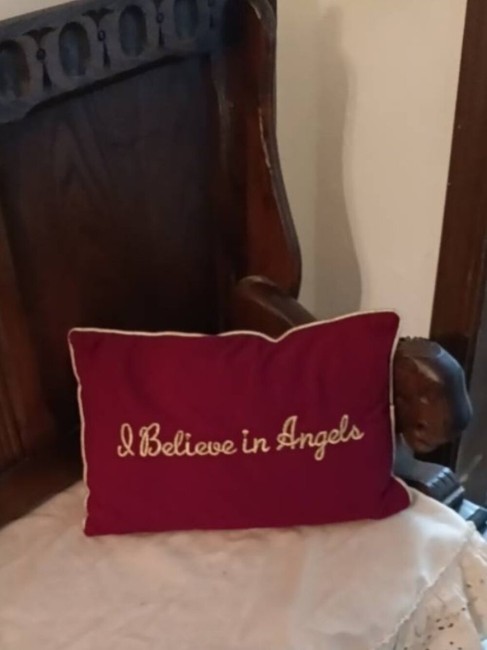 I Believe in Angels handmade burgundy throw/lumbar pillow ~ 13x8 ~ Like New